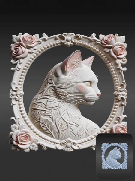 Elegant cat cameo bas-relief 3D print model