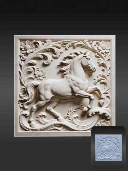 Prancing horse baroque bas-relief 3D asset