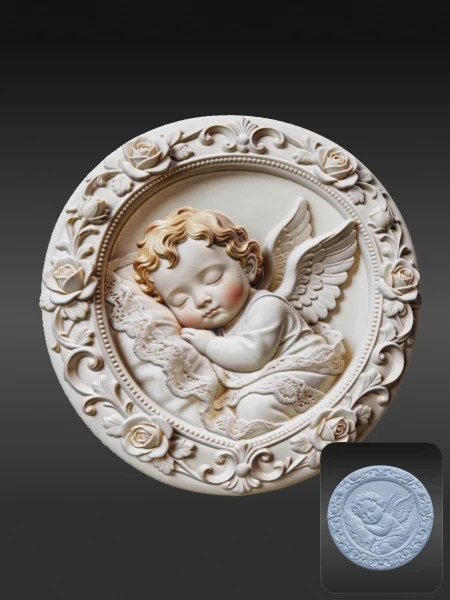 Sleeping cherub angel ornate floral bas-relief 3D asset