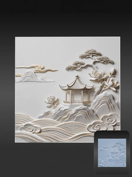 Elegant Chinese landscape pavilion 3D bas-relief asset