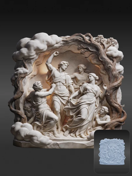 Classical mythological group bas-relief 3D asset