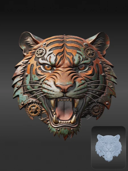 Steampunk tiger head 3D bas-relief asset