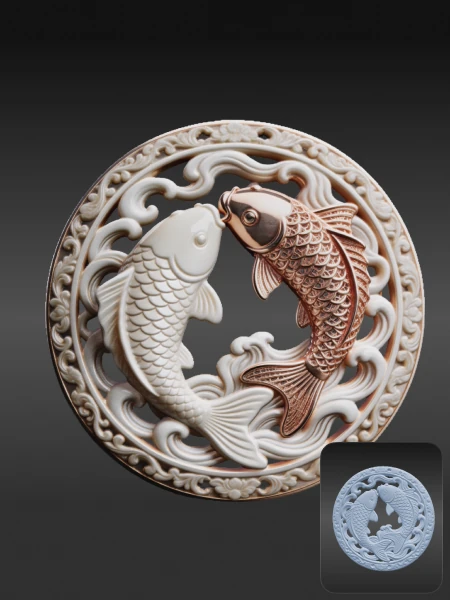 Dual koi carp ornate bas-relief 3D asset