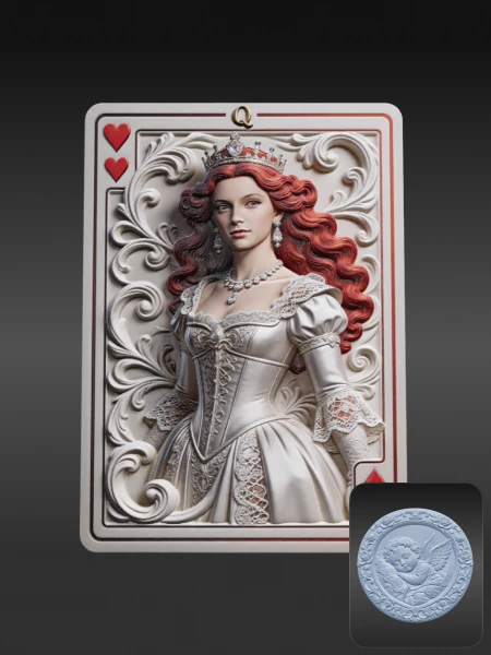 Queen of hearts playing card bas-relief 3D asset