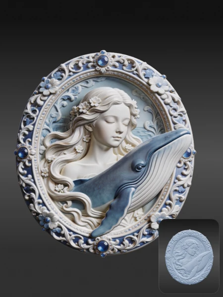 Sea maiden whale cameo bas-relief 3D model
