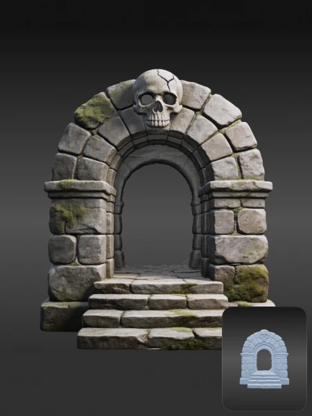 Skull topped stone archway 3D bas-relief asset