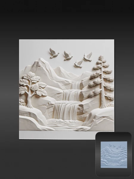 Mountain waterfall landscape 3D bas-relief asset