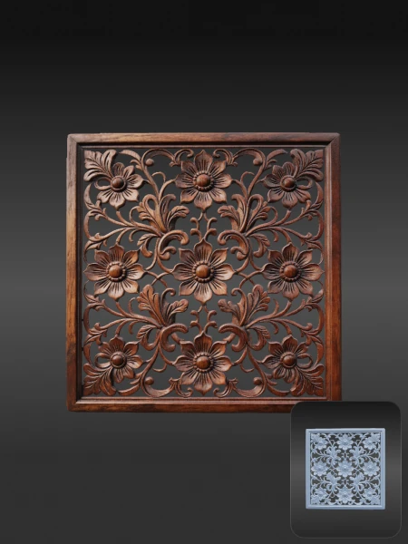 Square floral carved bas-relief 3D asset